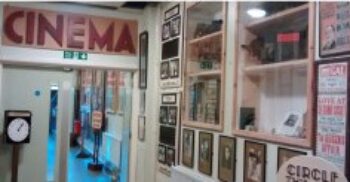 Exhibits lining a corridor at the Cinema Museum