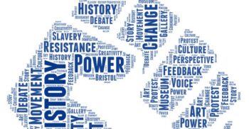 A word cloud in the shape of a raised, clenched fist. The graphic is composed of various words in shades of blue, with the most prominent words being PROTEST, HISTORY, ART, SLAVERY, BRISTOL, POWER, and CULTURE. Other visible words include Resistance, Change, Innovation, Community, and Story.